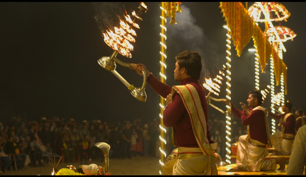 Ganga Aarti ritual with priests and deepam in Varanasi