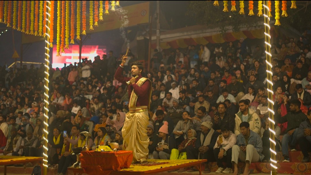 Priest with incense during Ganga Aarti Varanasi